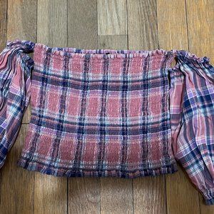 F21 lattice & pink Striped Off Shoulder Long Sleeve Top